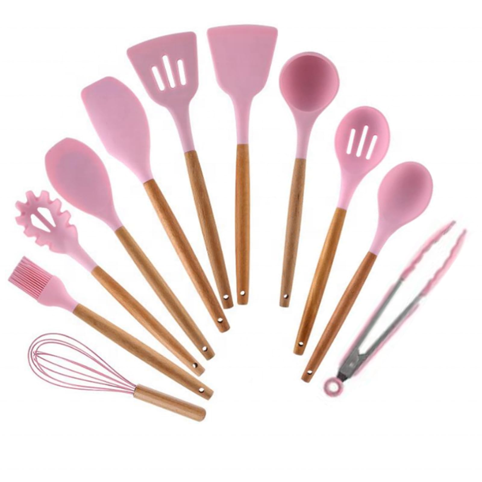 Lot de 11 ustensiles de cuisine en silicone avec poignées en bois, résistants à la chaleur, non toxiques, avec spatule, pince, spatule et cuillère pour ustensiles de cuisine antiadhésifs – Rose