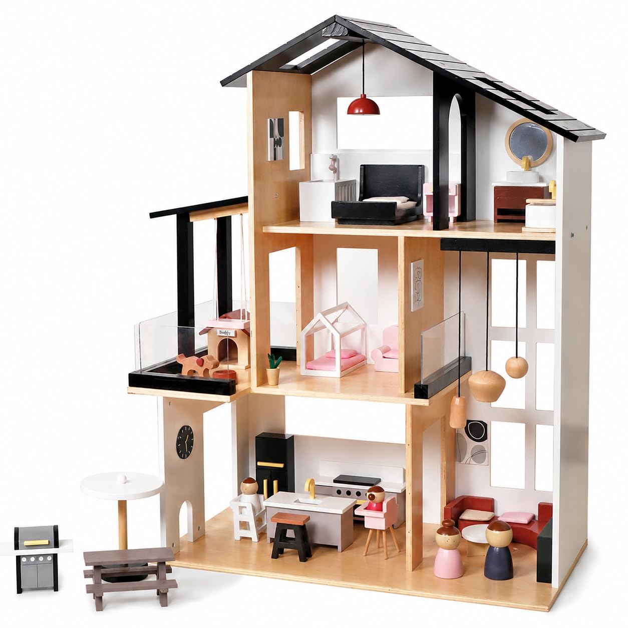 Modernes Puppenhaus Villa aus Holz mit 49-TLG Möbelset & Spielfiguren, inkl. Hundezimmer, Große Stadtvilla für Kinder, Skandinavisches Design, Puppenhausmöbel Set komplett möbliert, Schwarz-Weiß