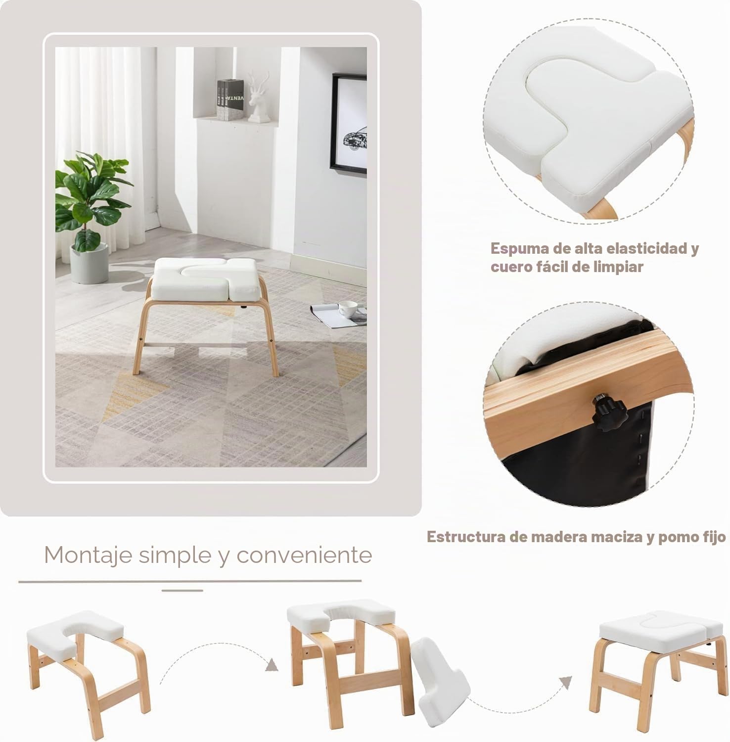 Silla de Yoga, Silla de Inversión, Banco Parada de Cabeza Sirsasana, Taburete de Yoga para Entrenamiento de Equilibrio y Alivie la Fatiga (Blanco)