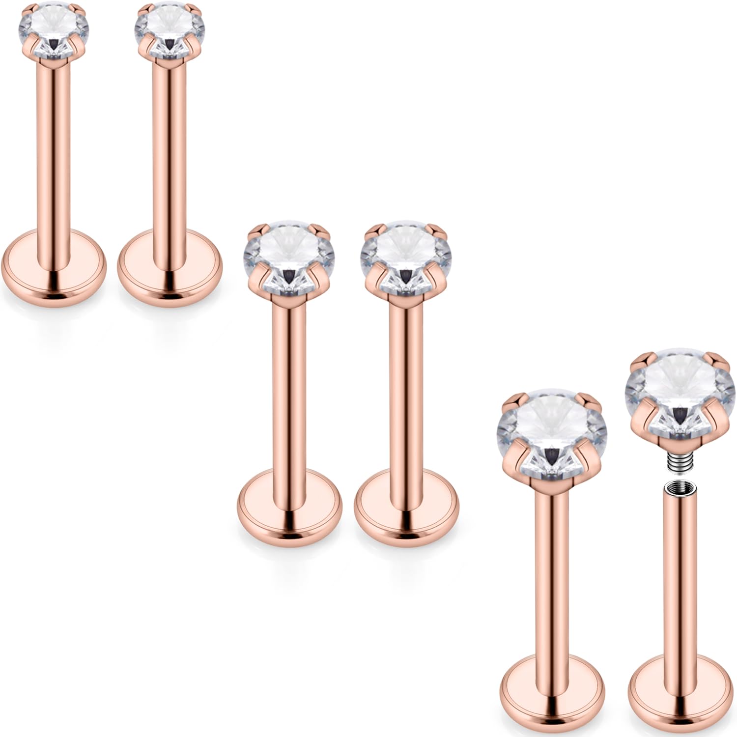 Kridzisw 16G Lip Labret Monroe Medusa Rings Studs Internally Threaded 316L Surgical Steel Flat Back Nose Studs Cartilage Tragus Helix Earring Piercing 6mm 8mm 10mm Bar 2mm 3mm 4mm CZ 3pairs