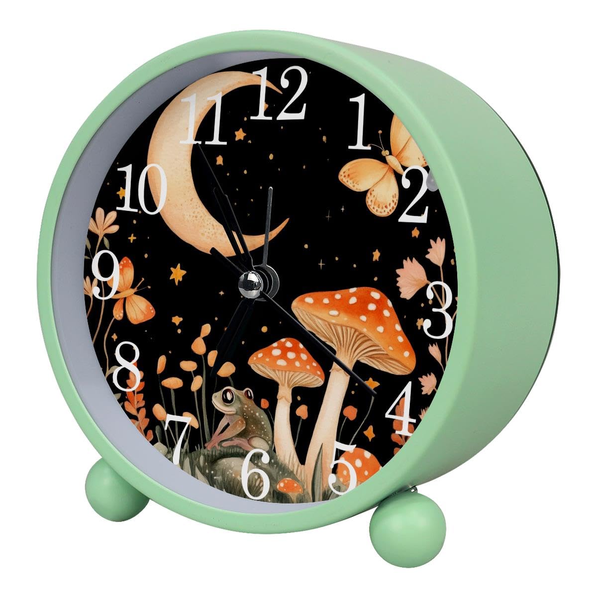 Luoweisi Alarm Clock Mushroom Frog, Silent Non-Ticking with Night Light, Round Metal Alarm Clock for Office, Battery Operated, Bedroom, Elderly, Adults, Children, Student Gifts