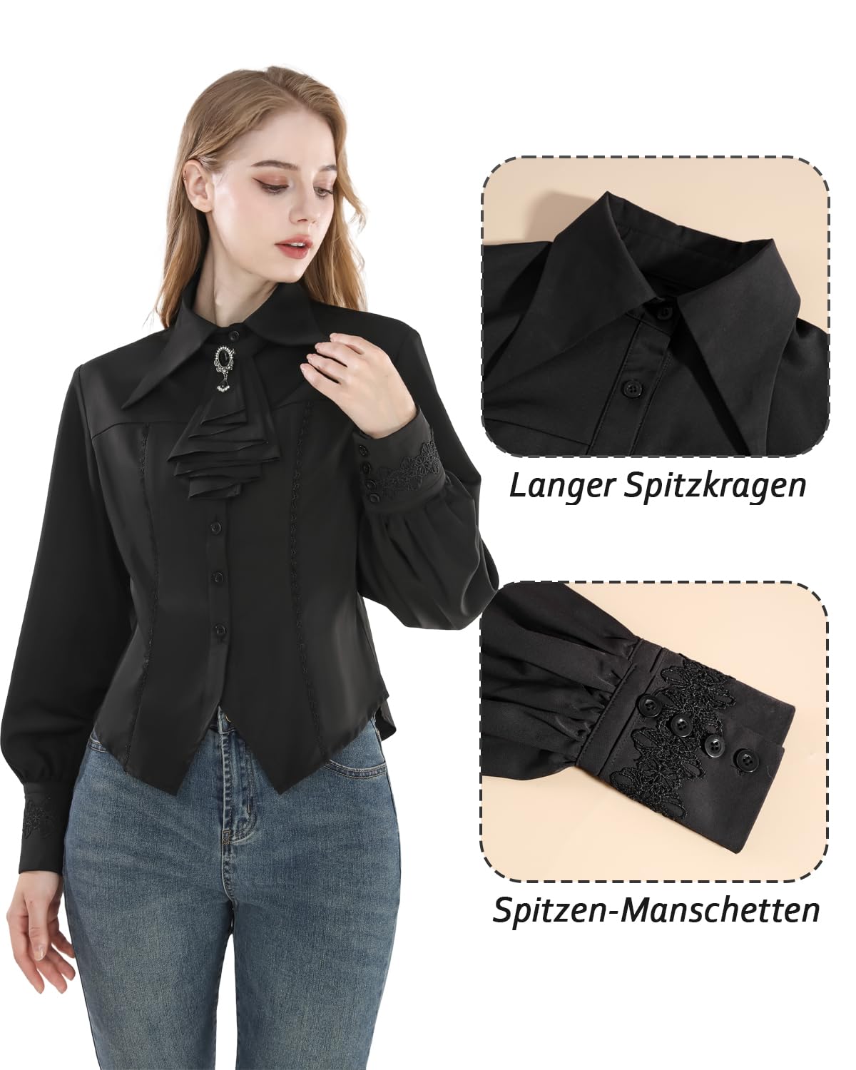 Fiamll Damen Viktorianisch Bluse Vintage Schleifenhemd Stehkragen mit Ruff Langarmshirt Mittelalter Bluse