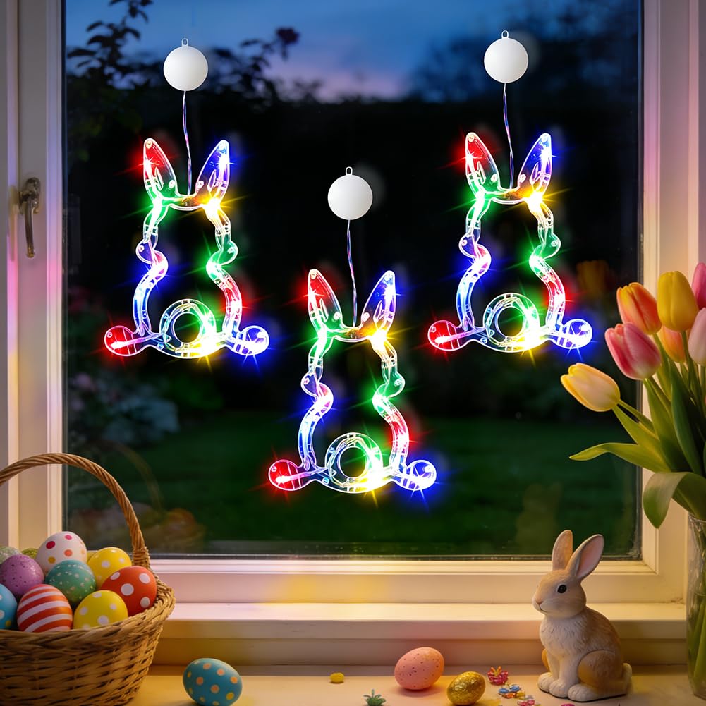 3 Stück Osterdeko Fenster Licht, Ostern Led Lichterkette Hasen Fensterbeleuchtung mit Saugnapf, Osterdekoration zum Aufhängen für Fenster Deko Innen Draußen Garten