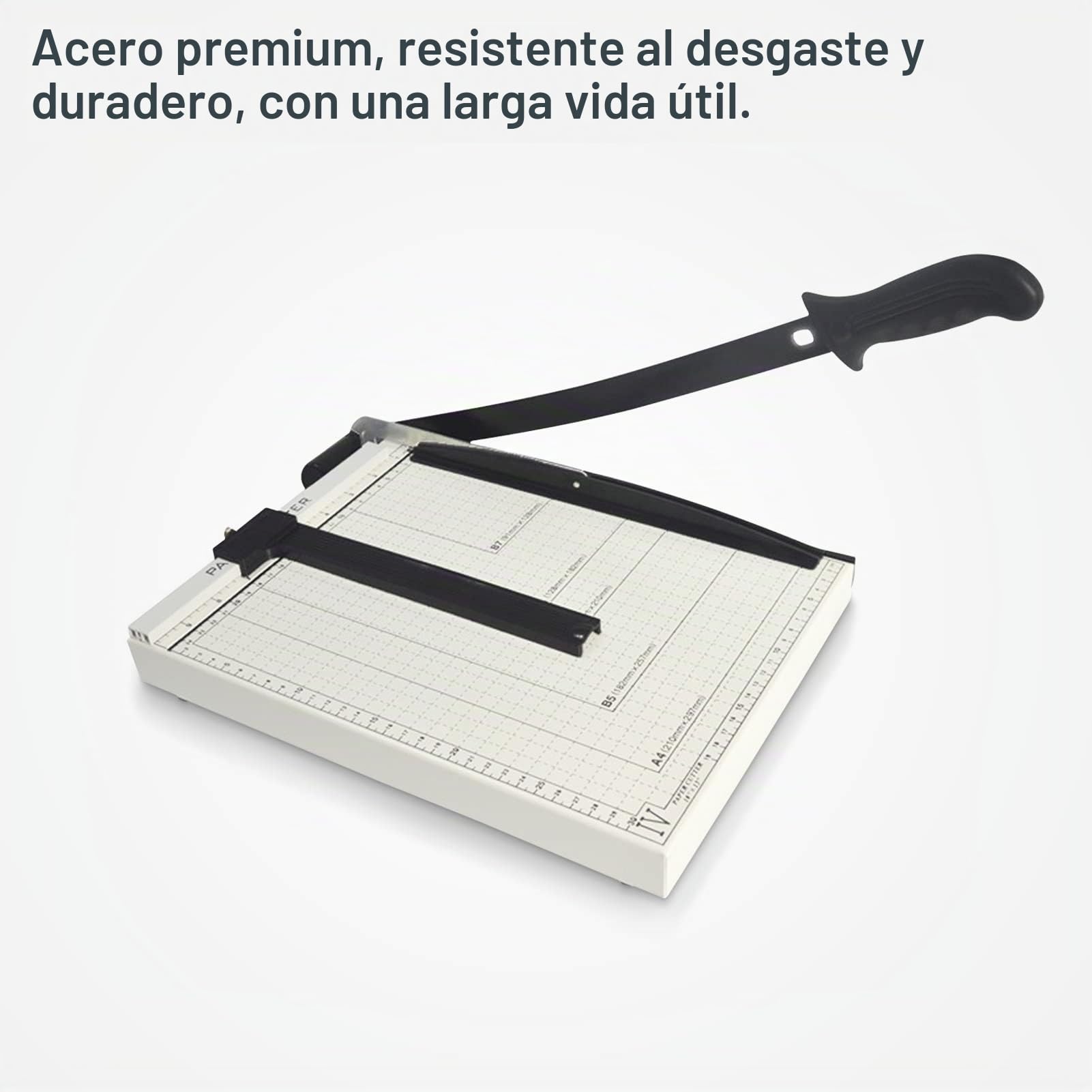 Plplaaoo Cortadora de Papel Guillotina A3 A4, Cizalla Manual con Cuchilla de Acero & Regla Ajustable, para Oficina Escuela y Fotografía, Capacidad 10 Hojas, Base Metálica Blanco