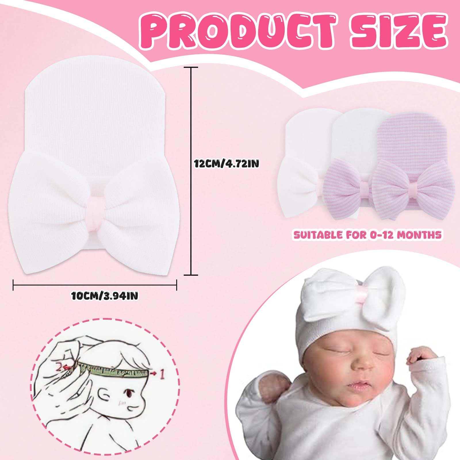 CoolShef 3Pcs New Born Baby Cap Set – Soft Cotton Beanie Cap with Big Bow – Baby Caps for Born 0-12 Months for Girls – Comfortable, Stretchy and Adorable Infant Hats Multicolour 1