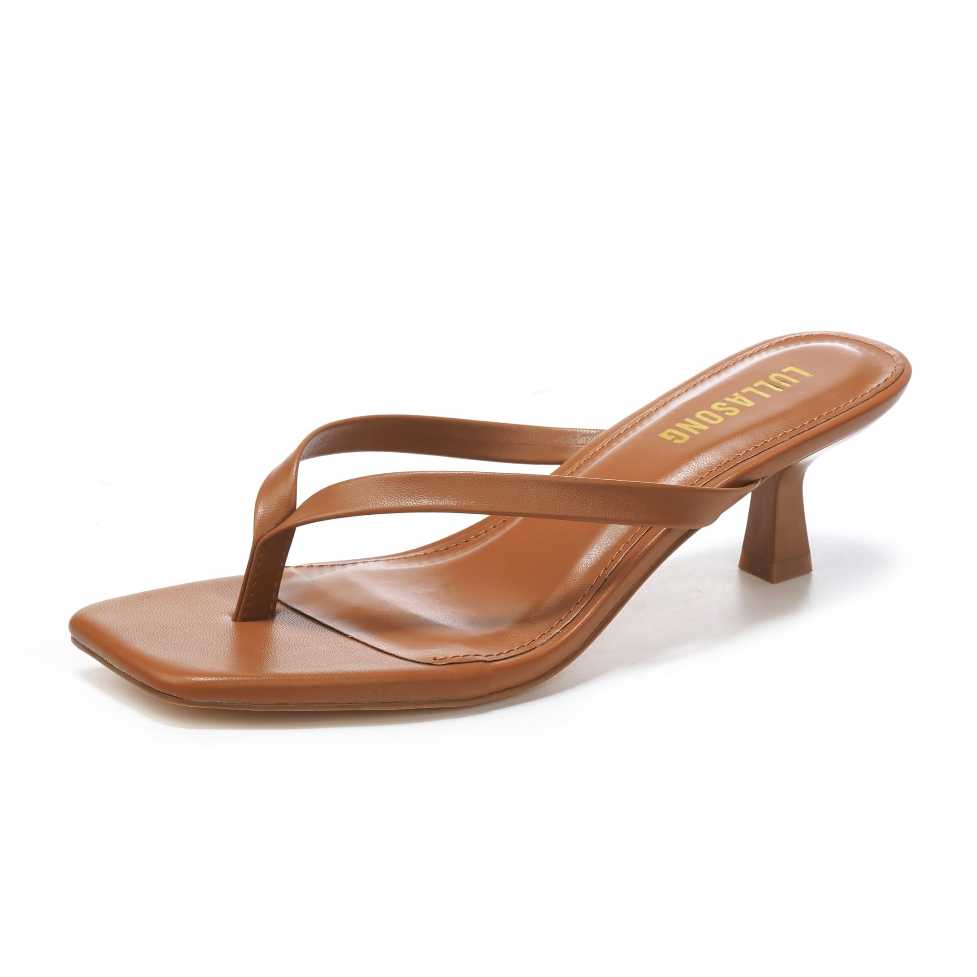 LULLASONG Women's Kitten Heels Sandals Square Open Toe Flip Flop Heels 1.8-2 Inch Heeled Sandals for Women, Brown, 7.5