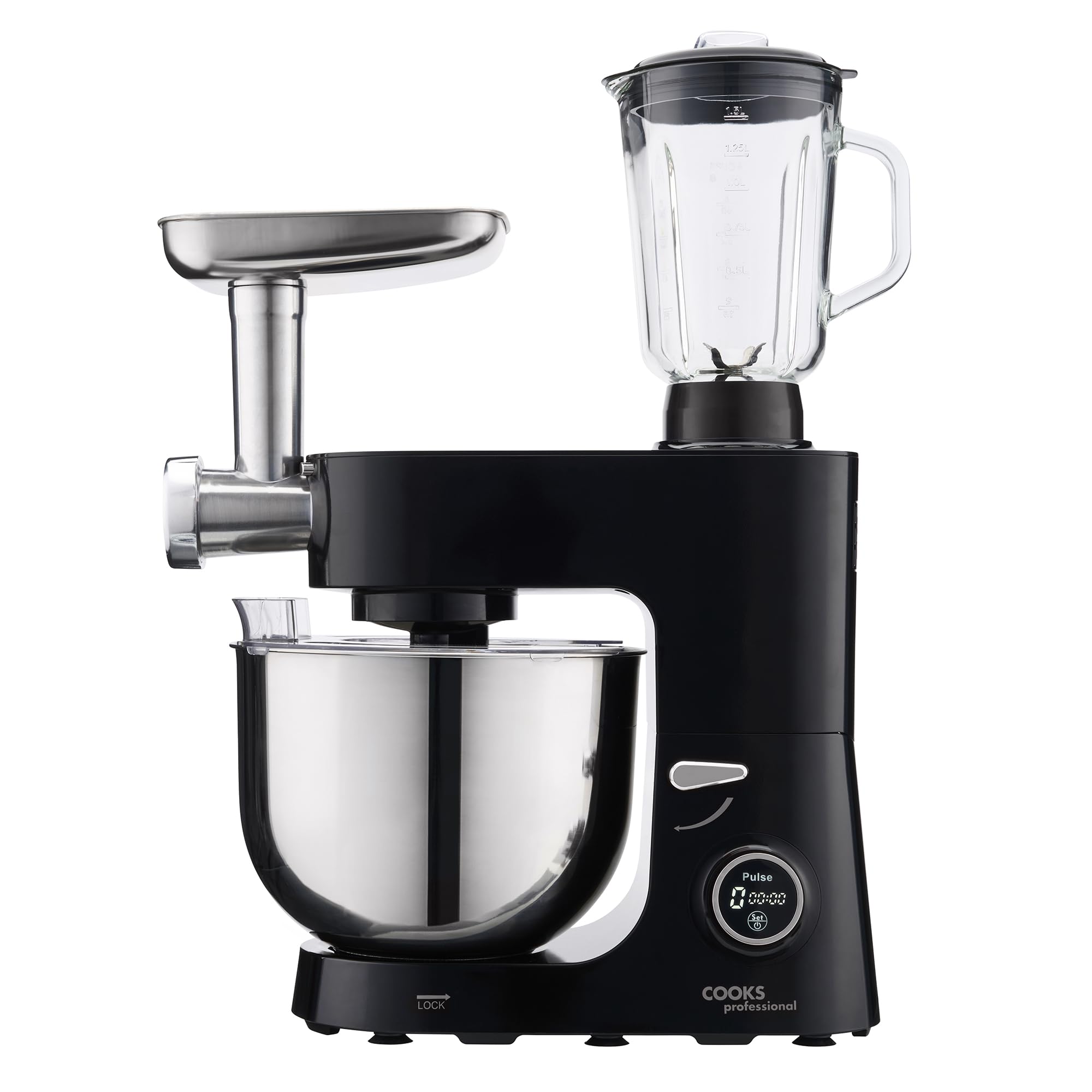 Cooks Professional Multi Function Stand Mixer 1800W with 8L Stainless Steel Bowl, Accessory Kit, Blender & Meat Mincer Capability, 8 Speed Settings, Pulse Function & Digital Control | Black