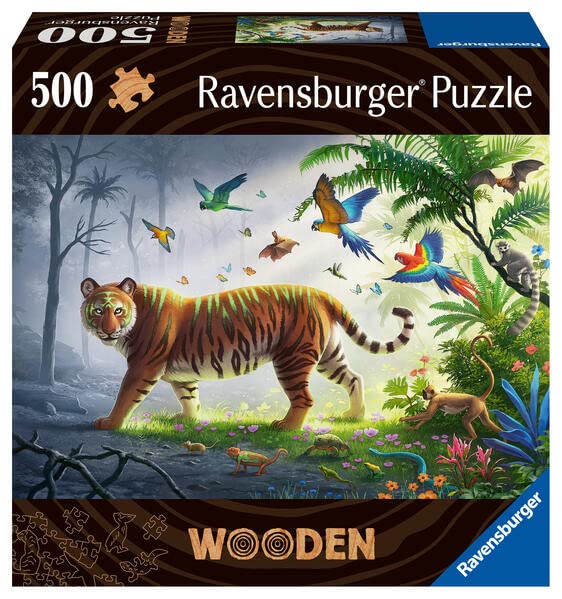 Ravensburger Jungle Tiger 500‑Piece Wooden Puzzle – Vibrant Tiger in Lush Jungle Scene with 40 Whimsy Wooden Pieces, Engineered Birch & Eco-Friendly Design | 17514‑7