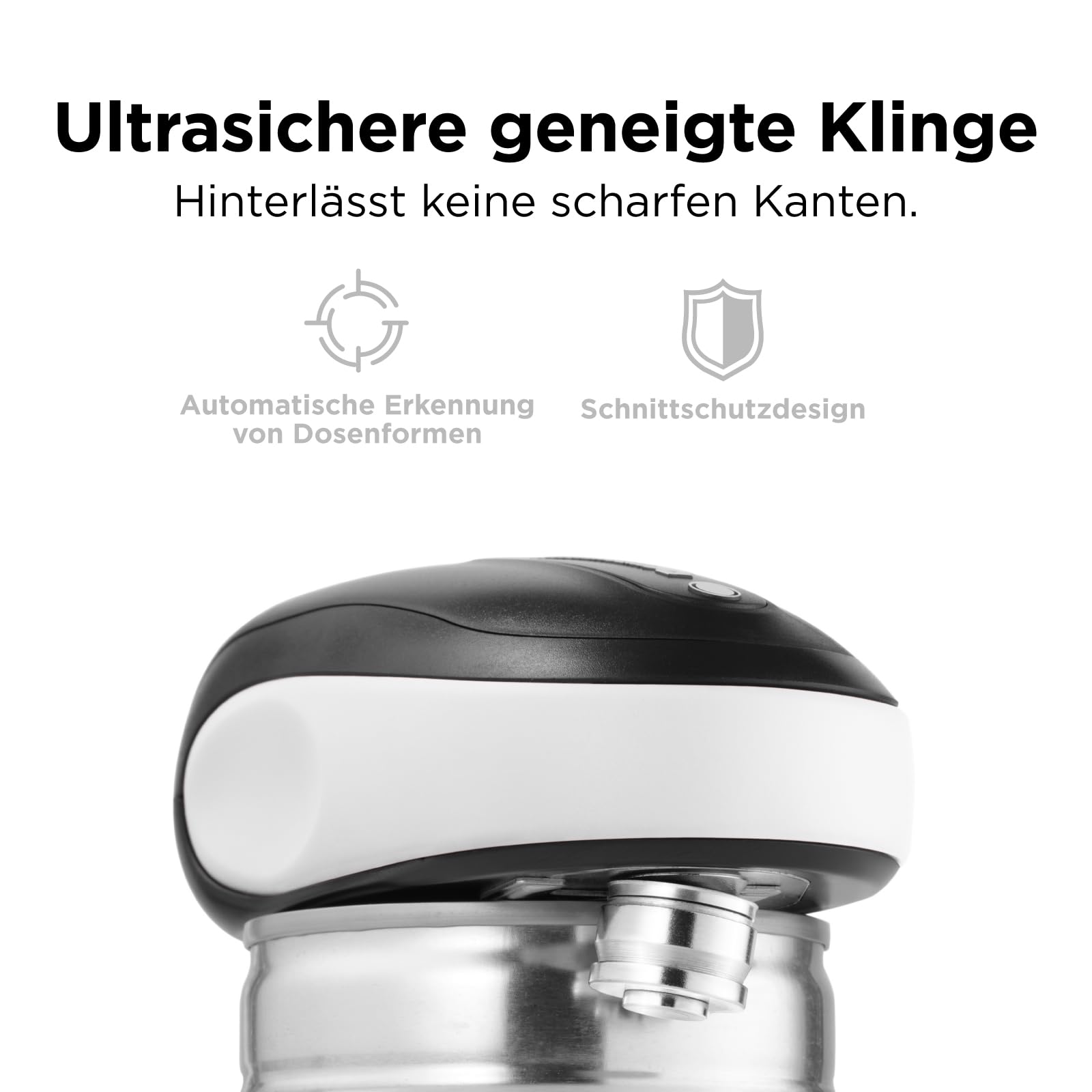 Kitchen Mama One-To-Go Elektrischer Dosenöffner, Weiß | Ein Tastendruck (Auto-Stopp), ohne scharfe Kanten, mit Deckelentferner, batteriebetrieben