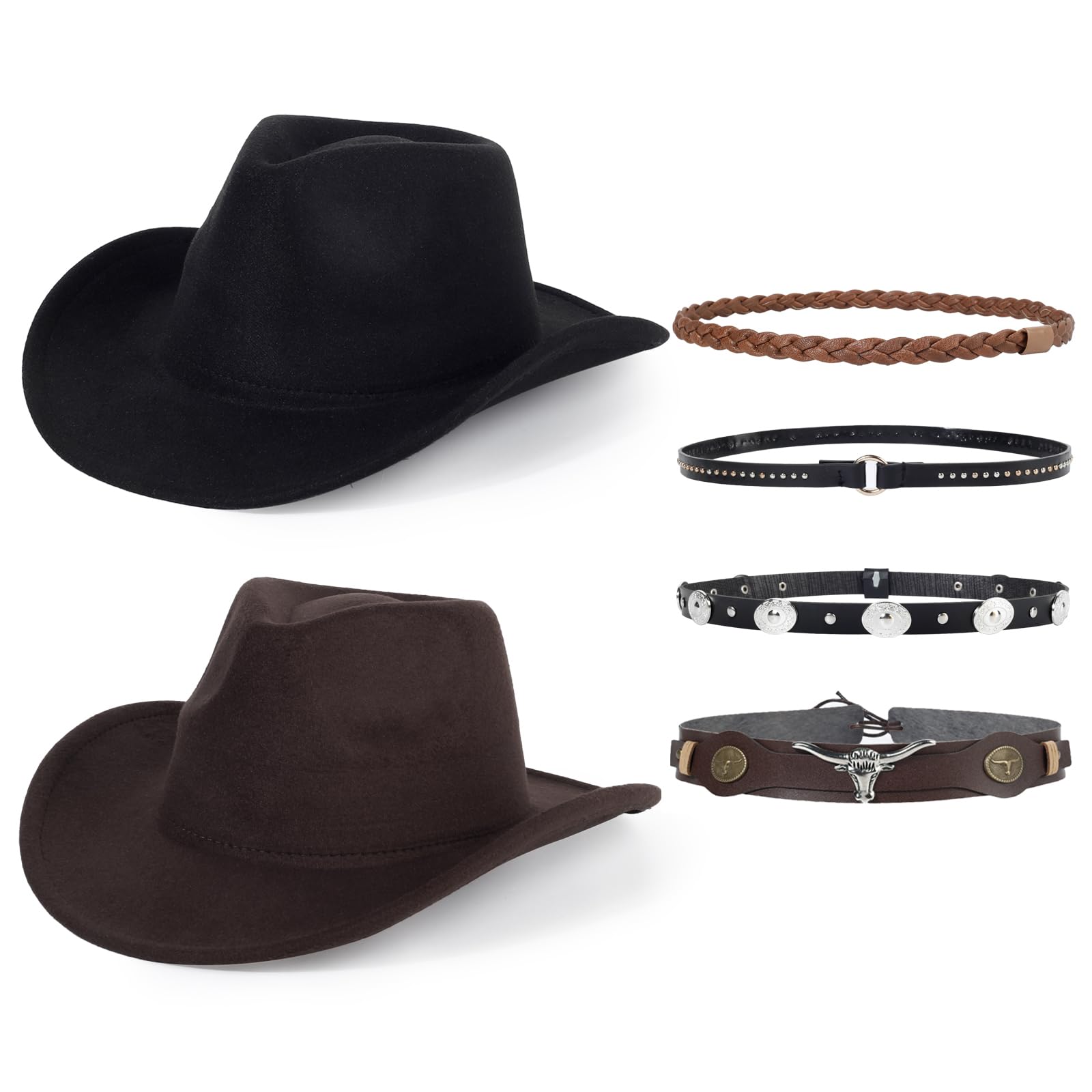 2 Pack Western Cowboy Hats for Women and Men Classic Felt Wide Brim Costume Cow Boy Hat Roll Up Brim Cowgirl Hat Black - Coffee