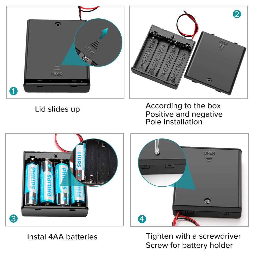 DIYmalls 2 Cell 3V AA Battery Holder Case Storage Box With ON/Off Switch Alligator Clip Wire Cable 130mm (Pack Of 4 - View #9