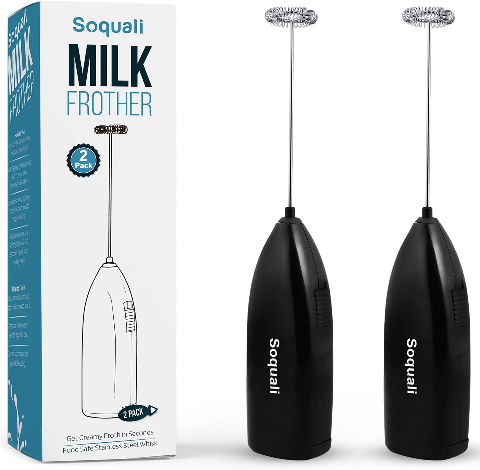 2 Pack Milk Frother Handheld Battery Operated - Electric Whisk Coffee Frother Battery Stirrer, Hand Held Milk Foamer, Mini Mixer for Bulletproof Coffee, Cappuccino, Latte, Frappe & Matcha Tea