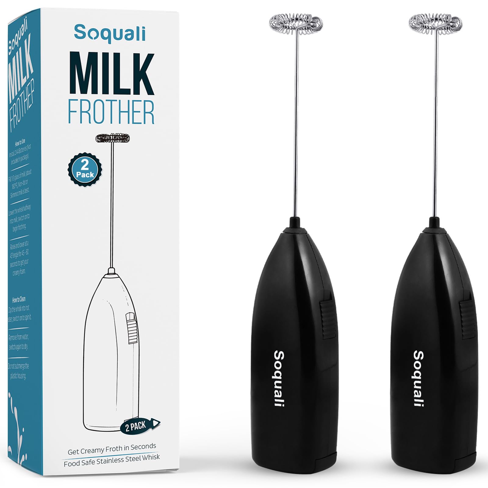 2 Pack Milk Frother Handheld Battery Operated - Electric Whisk Coffee Frother Battery Stirrer, Hand Held Milk Foamer, Mini Mixer for Bulletproof Coffee, Cappuccino, Latte, Frappe & Matcha Tea