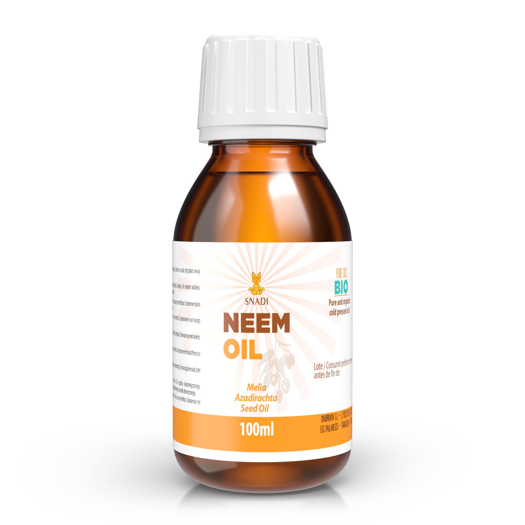 100 ml - Aceite de Neem BIO, Puro, Virgen + Prensado en Frío. Certificado ecológico. Antienvejecimiento. Aceite corporal hidratante y aceite cabello todo tipo. Neem Oil Puro y Natural.
