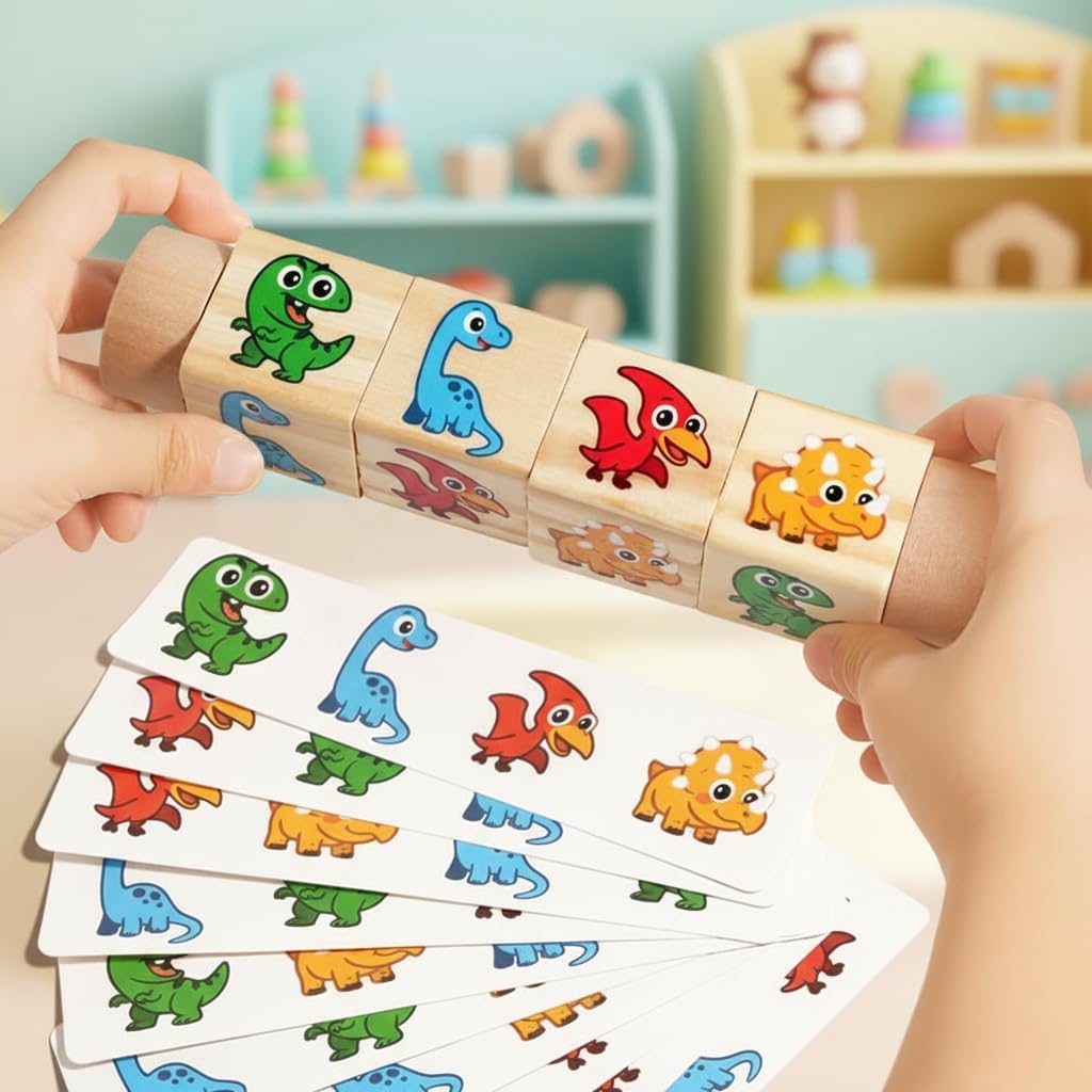Wooden Dinosaur Matching Puzzle Game – Early Educational Toddler Rotating Block Puzzle with Cards for Hand-Eye Coordination & Fine Motor Skills Development for Age 1 2 3+