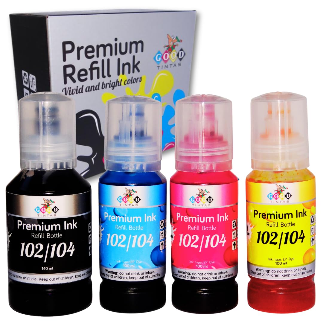 102 104 Tinta Compatible con Epson Ecotank 102 104 (BK 140ML, CMY 100ML) Cartucho de Tinta para Impresora ET-1810 ET-2710 ET-2750 ET-2812 ET-2814 ET-2850 ET-3700 ET-3850 ET-4700 ET-4750