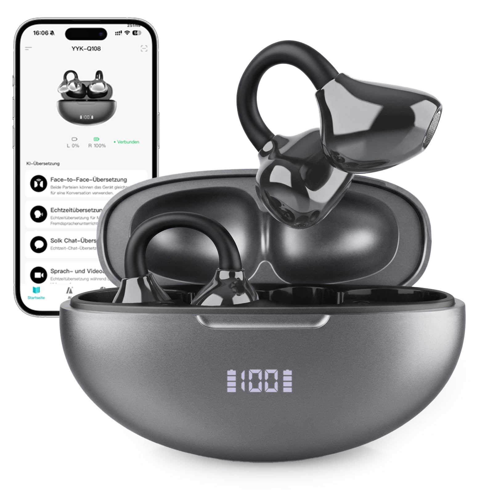 Auriculares Traductor en Tiempo Real, 2026 5 en 1 Auricular Traductores AI con 154 Idiomas y App, Bluetooth 6.1 80H Cascos Traductor Instantaneo de Voz para Viajes Reuniones Estudio, Negro