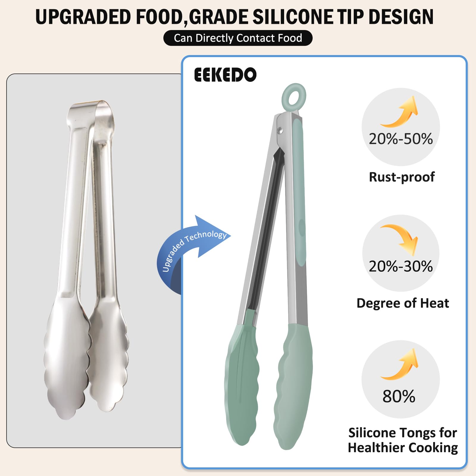 Pinzas de cocina, acero inoxidable de silicona para cocinar 600ºF de alta resistencia al calor, pinzas de bloqueo para barbacoa, juego de 2-9 pulgadas y 12 pulgadas, color gris
