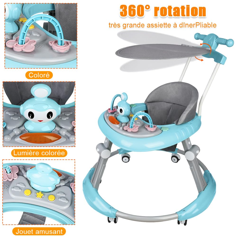 3 en 1 Trotteur pliable pour bébé,5 Hauteur réglable,Roues à 360°,Station de jeu musicale,Centre de jeu de 6 à 18 mois,Plateau Repas et Plateau d'activités Musical Amovible (Bleu-70 * 70 * 91cm)