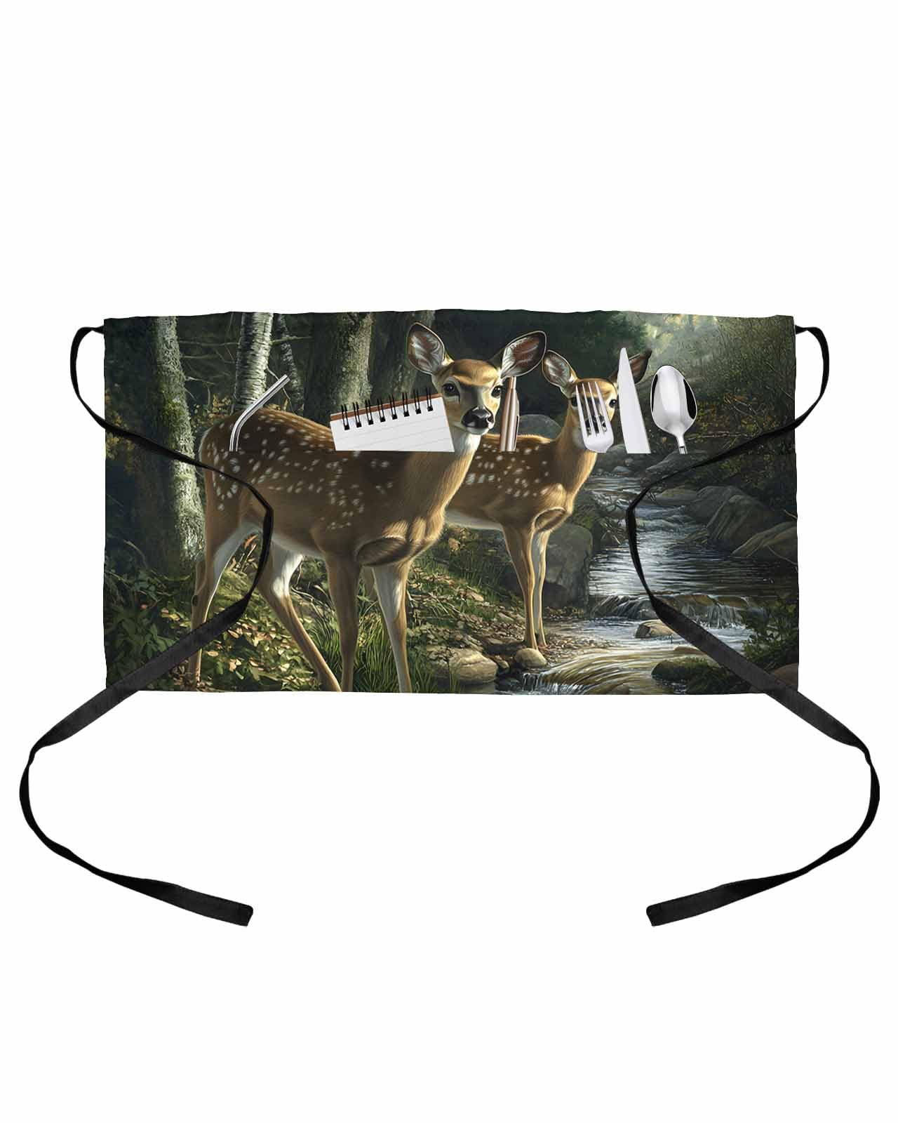 PIEPLE Forest Deer Server Apron Waitress Aprons with 3 Pockets, Farmhouse Elk River Half Waist Waiter Aprons Restaurant Chef Aprons for Women Men