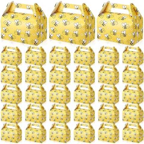 Feifeiya 30 Pcs Bee Candy Boxes with Handles Paper Bee Party Favor Treat Boxes Easy Assemble Bee Gift Bags Bee Party Favor Bags for Birthday Bee Decorations Baby Shower Wedding Kids Bee Party Supplies Cover