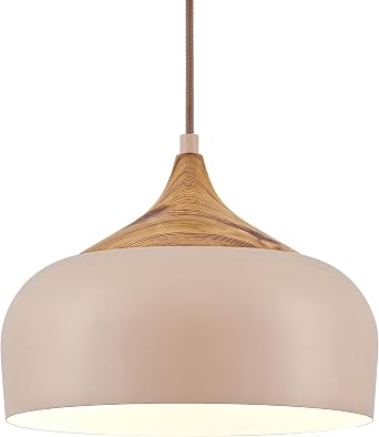 ELYONA 12 Inch Modern Japandi Pendant Light for Kitchen Island Farmhouse Hanging Lamp with Faux Pine Wood Grain Metal Shade, Adjustable Wabi Sabi Ceiling Fixture for Dining Room Bedroom,Light Brown