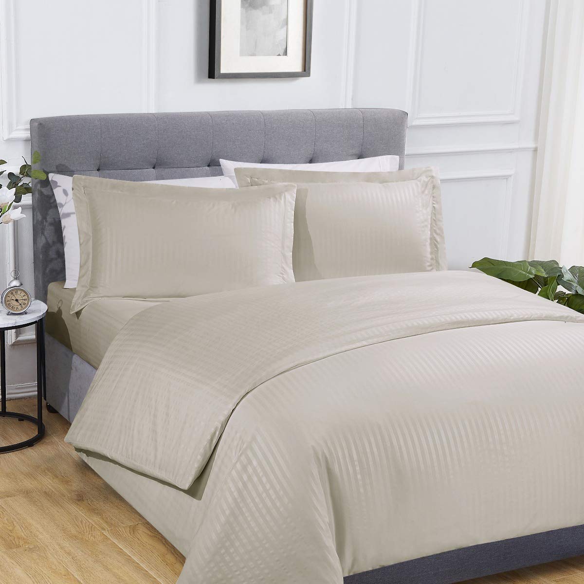 SleepdownSateen Stripe Natural Super Soft Easy Care Complete Duvet Cover Quilt Bedding Set Pillowcases with Fitted Sheet - Super King