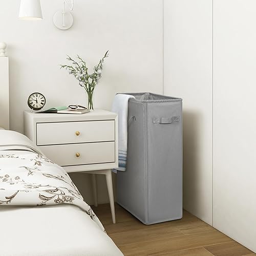 Miniatura 7 de Chrislley Cesta de lavandería delgada de 25 pulgadas, 60 litros, cesta estrecha para la ropa sucia con asa, plegable, organizador portátil y delgado