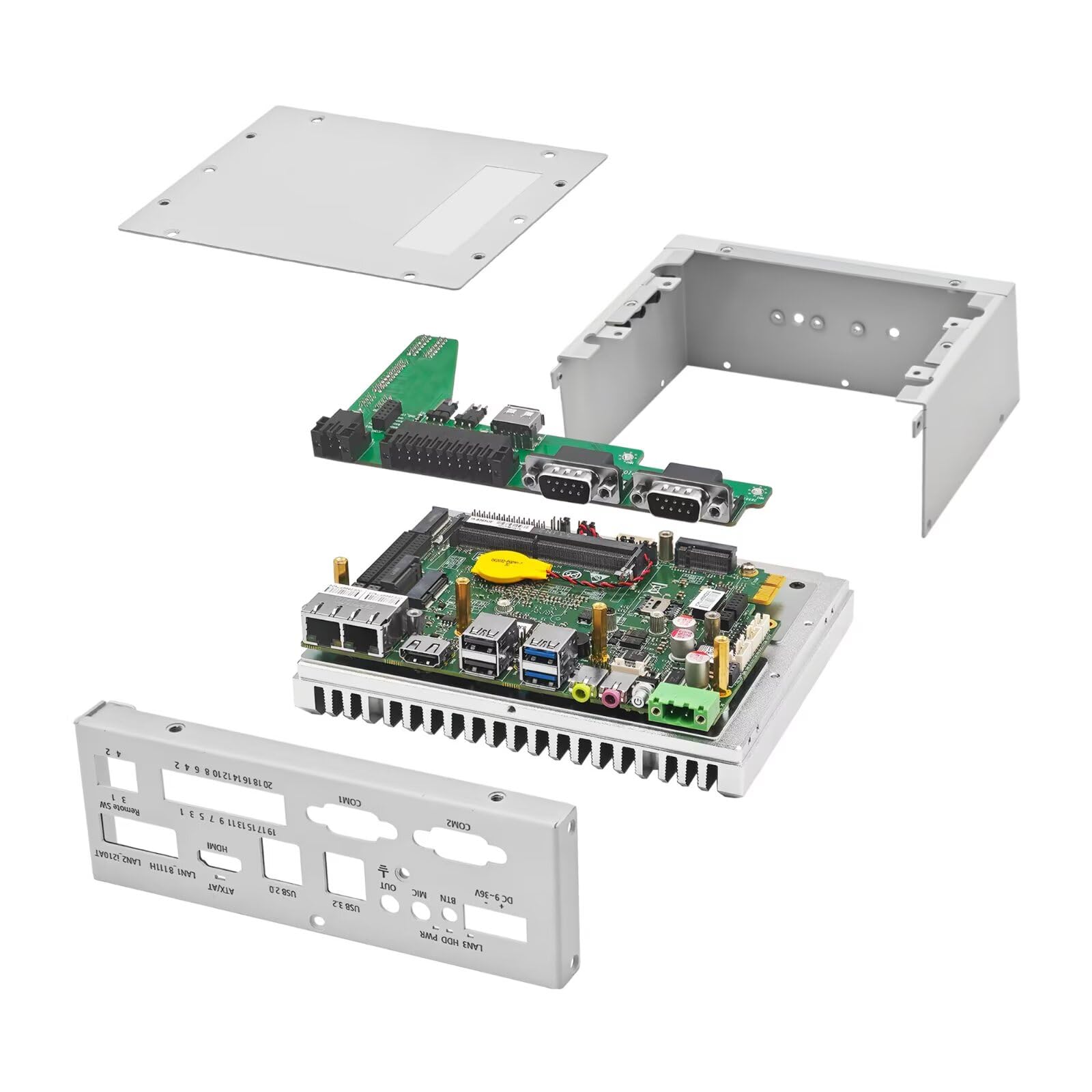 Mini PC Industrie Lüfterlos Fanless Embedded Computer J6412 Dual LAN 2COM 16Pin GPIO 4USB 4K60Hz Dual Display Auto Power On DDR4 0G RAM 0G SSD, Barebone