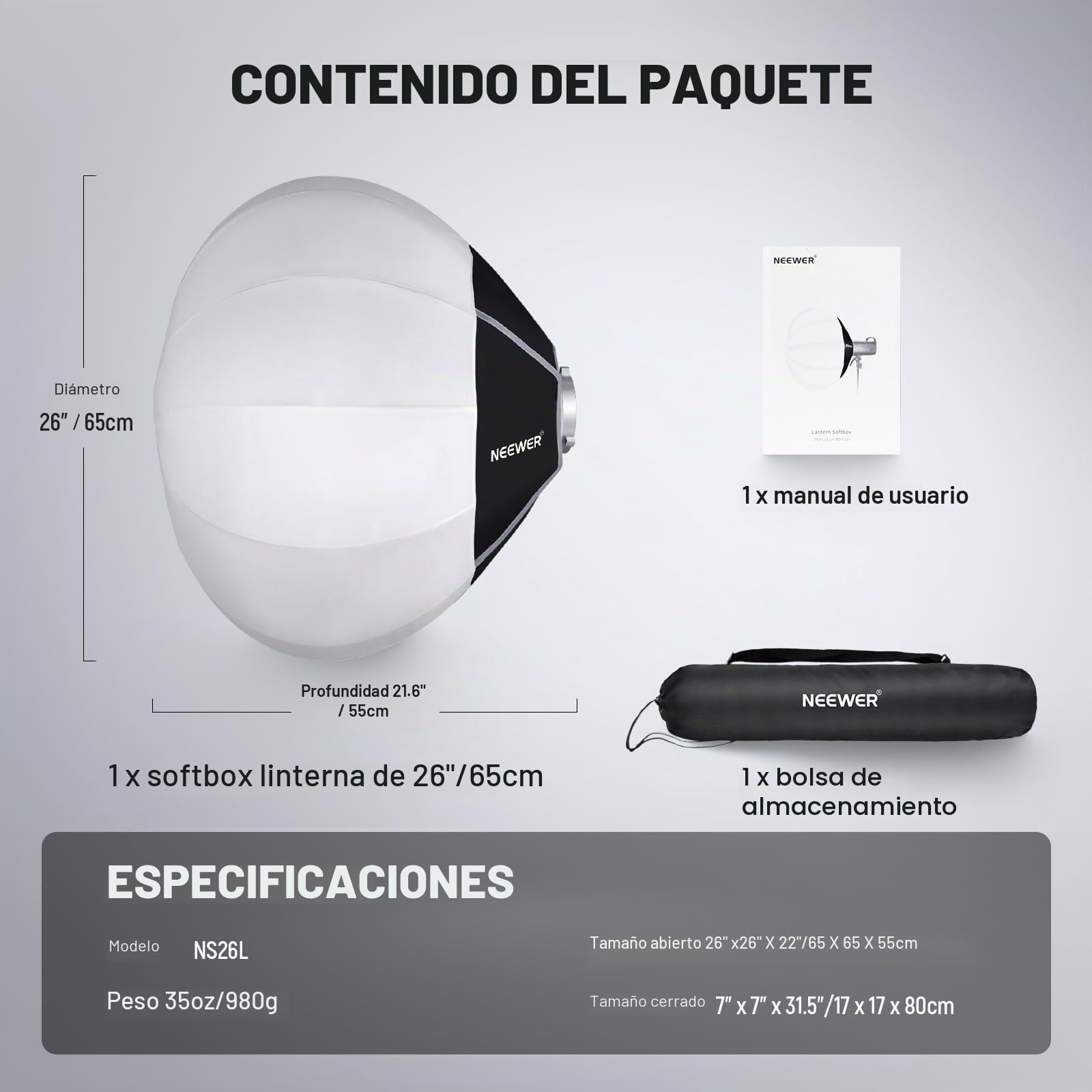 NEEWER 26"/65cm Softbox Linterna, 360° Difusor de Luz Liberación Rápida, Montura Bowens, Aleación Nailon Ligera para Iluminación Vídeo LED Continua RGB CB60, CB60B, CB200B, MS60B, MS60C, MS150B,NS26L