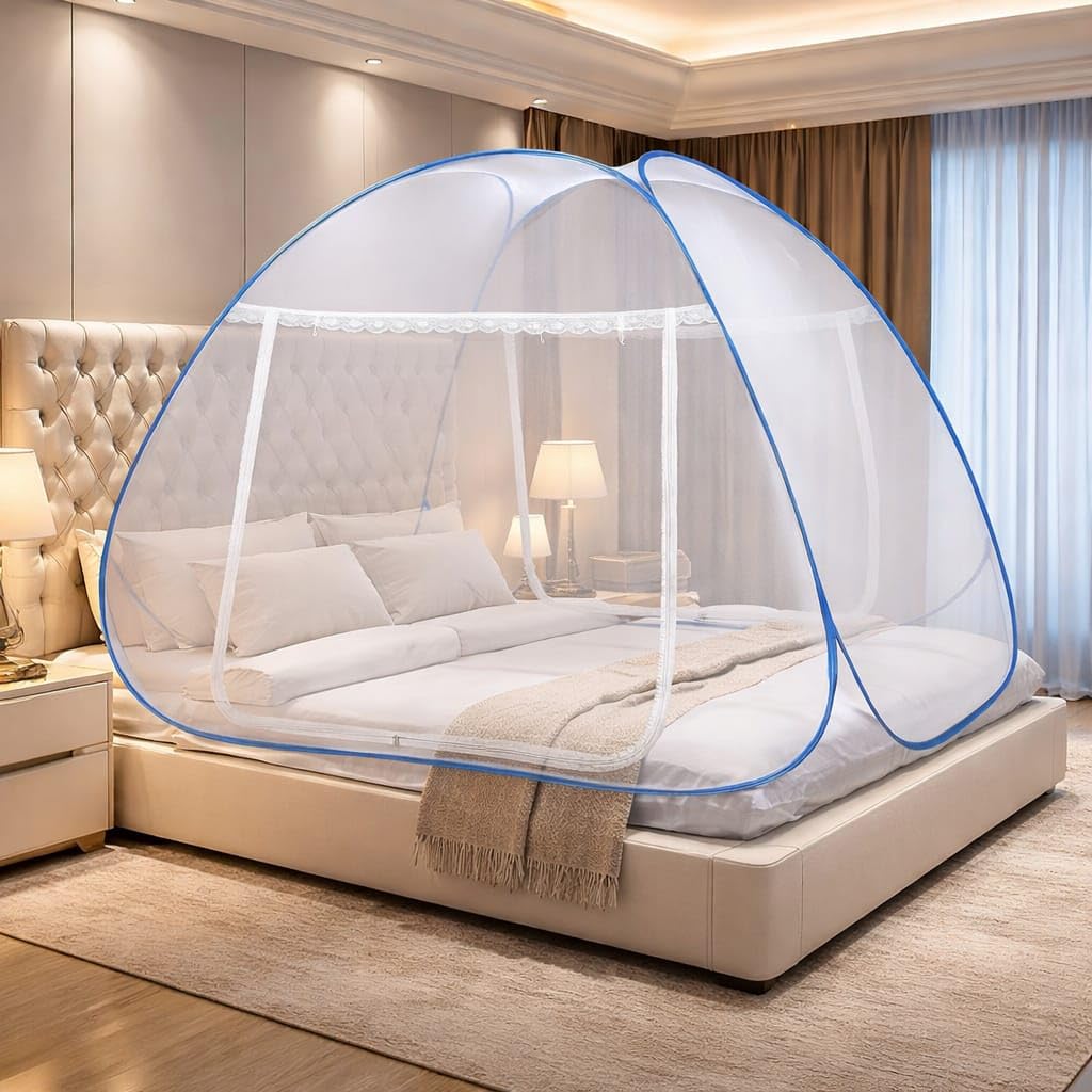Mosquito Net for Double Bed | King Size Foldable Machardani | 6 x 6 Feet Polyester 30GSM Strong Net |PVC Coated Corrosion Resistant Steel Wire (Sky Blue) (Sky Blue)-image-11