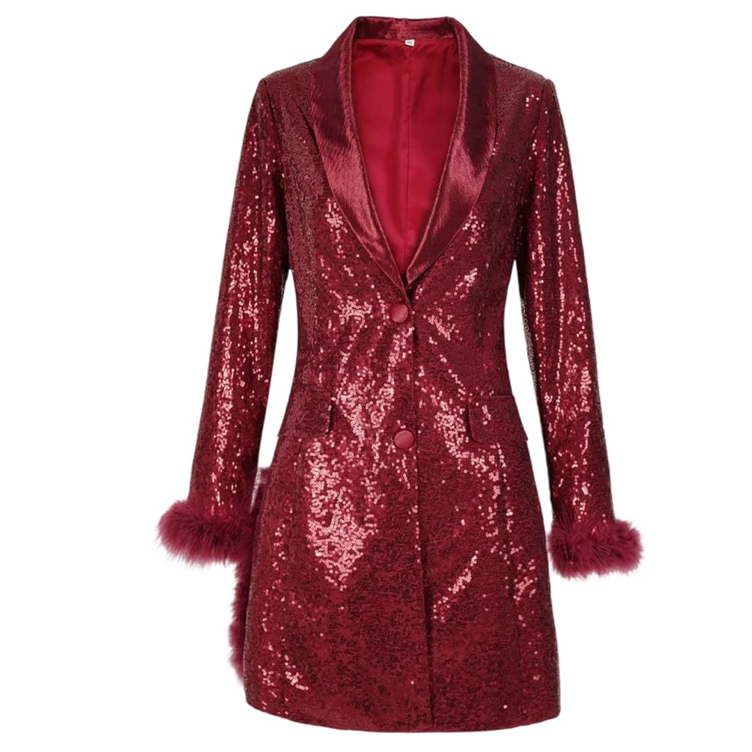 Women Sequins Blazer for Notched Collar Long Sleeve Spliced Feathers Blazers Party Long Dress