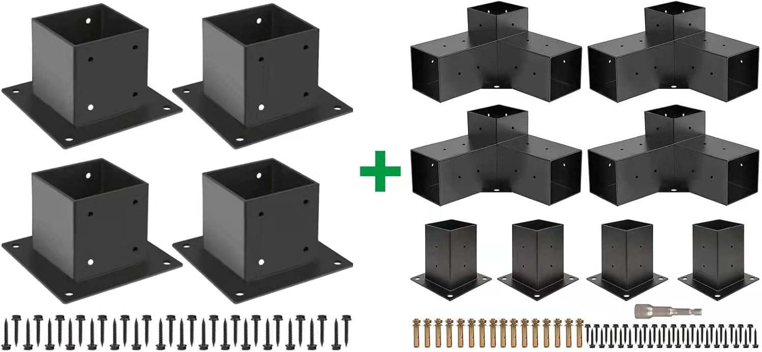 Grehitk Bracket Pergola and Post Base Bundle Kit 3-Way Right Angle Corner Bracket for 4x4 Lumber Woodworks DIY Post Base Kit : Patio, Lawn & Garden