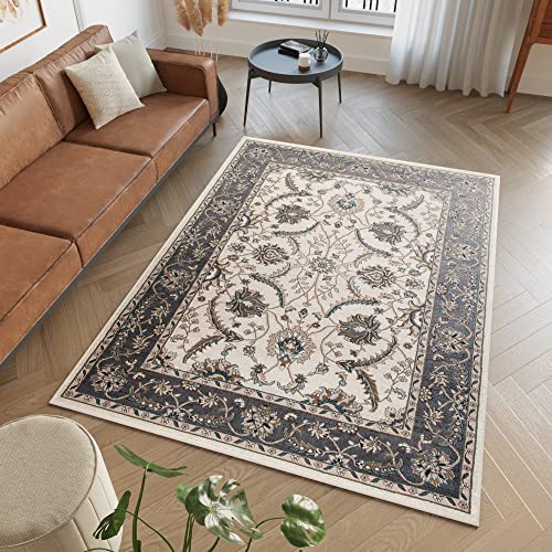 TAPISO Dubai Tapis Poil Court Traditionnel Crème Gris Beige Motif Ornamental Floral Bordure Tapis Salon Chambre Salle à Manger Bureau Oeko-TEX Résistant 120...