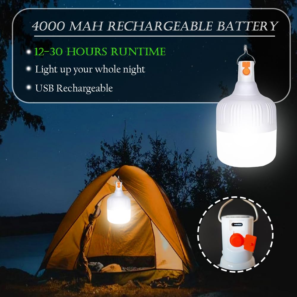Lot de 2 lampes solaires LED pour tente de camping, 4 000 mAh, 3 modes, rechargeable par USB, lumière portable à suspendre, pour la pêche, les urgences, la cour, le jardin, 4 affichages de puissance