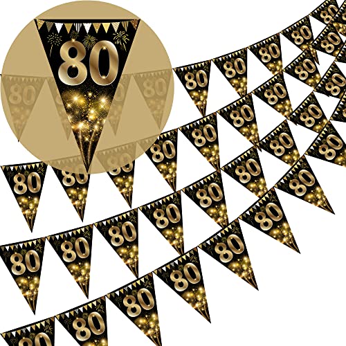 40Pcs Happy 80th Birthday Banner Bunting Flags Gold and Black Glitter 80th Birthday Anniversary Party Decoration Supplies,80th Birthday Triangle Flag Banners for Men Women