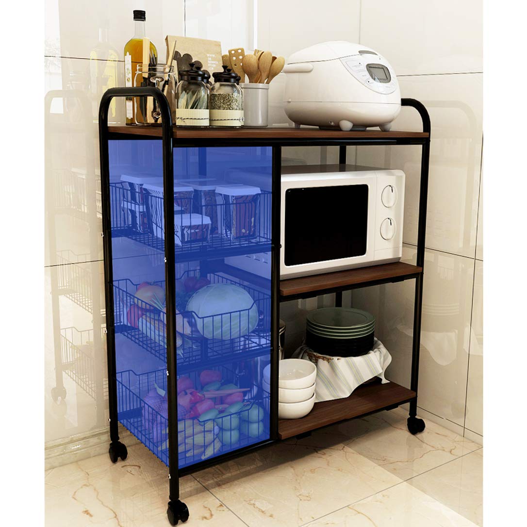 ZYFA Carrello Cucina a 3 Piani Servizio,Scaffale Portaoggetti Mobile,Carrello Portaoggetti Multiuso, Salvaspazio Scaffale Rete Metallica Contenitori, in Legno Robusto Rotolamento,4 Ruote Girevoli