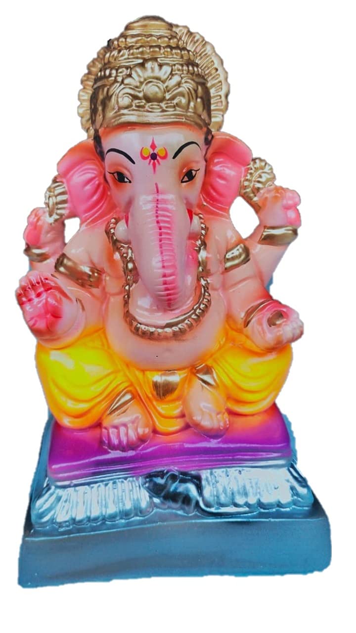 Sharddha Clay Small Size Ganpati Bappa Colorful for Ganesh Chaturthi Height 14 cm in Marble Finish
