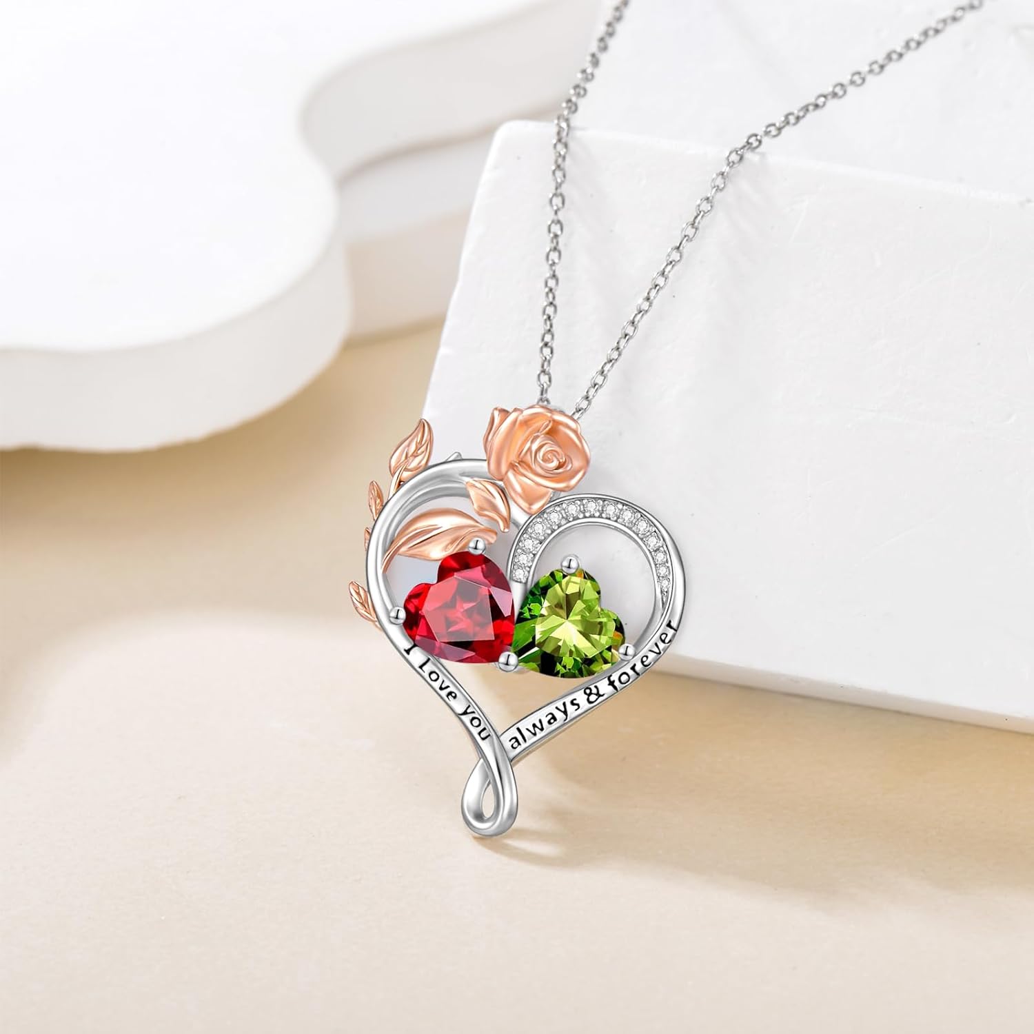 Rose Heart Birthstone Necklace Sterling Silver Two Heart Birthstone Necklace for Women 2 Birthstone Heart Pendant Birthday Christmas Valentine's Day Gift for Wife Mom Lady - Image 2