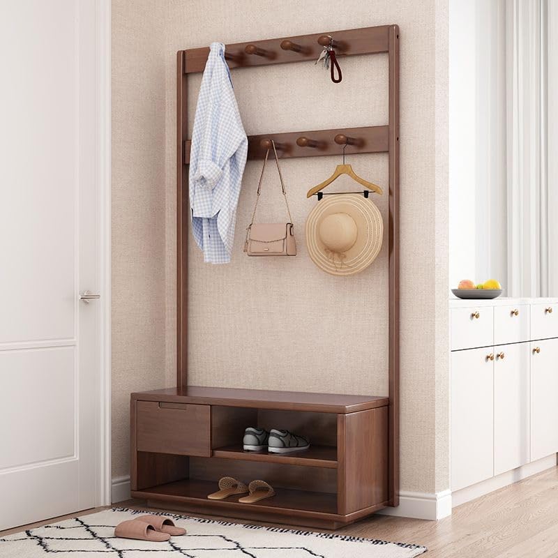 LITFAD 4-in-1 Coat Rack Solid Wood Entryway Hall Tree with Shoe Bench 71 Inch Freestanding Clothing Rack with Hanging Hooks and Drawer for Hallway, Bedroom-23.5" L x 14" W x 71" H,Nut-Brown