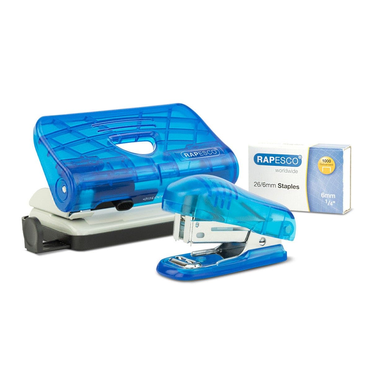 Rapesco 1719 Bug Stapler and 810-P 2-Hole Punch Set including 1000 26/6mm Staples, Transparent Blue, Blue Transparent