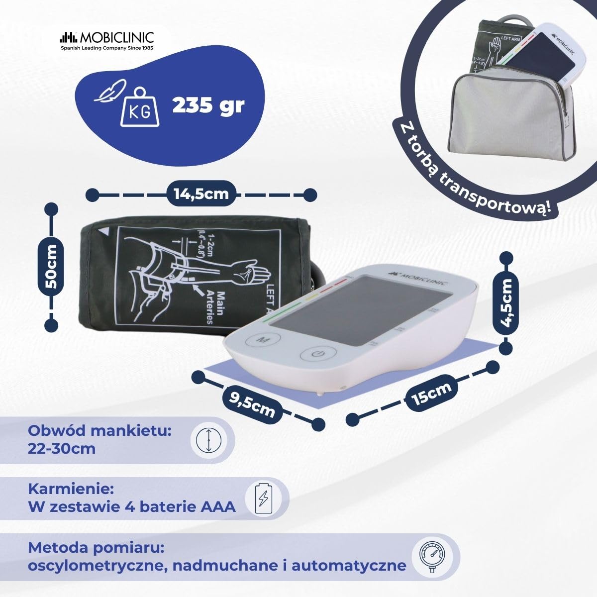 Mobiclinic, Automatyczny cyfrowy ciśnieniomierz naramienny, Z wyświetlaczem lcd, Mankietem, Wykrywaniem nieregularności pracy serca, 4×30 pomiarów pamięcią, Tx-01
