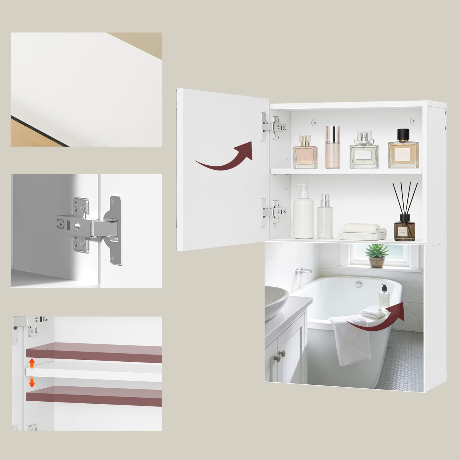 MAHANCRIS Armadietto Bagno Pensile con Doppio Specchio | Mobile Contenitore da Parete con 2 Ripiani Regolabili, per Ingresso, Soggiorno e Camera da Letto, Bianco AWCWT4101