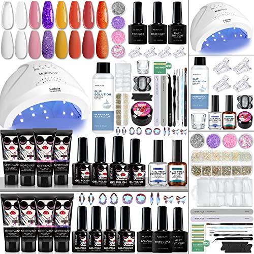Morovan Poly Gel Nail Kit for Nails with 48W UV LED Nail Lamp 8 Colors Nail Extension Gel with Slip Solution Nail Prep Dehydrator and Primer Nail Gems Nail Art Manicure Supplies Poly Nail Gel Kit