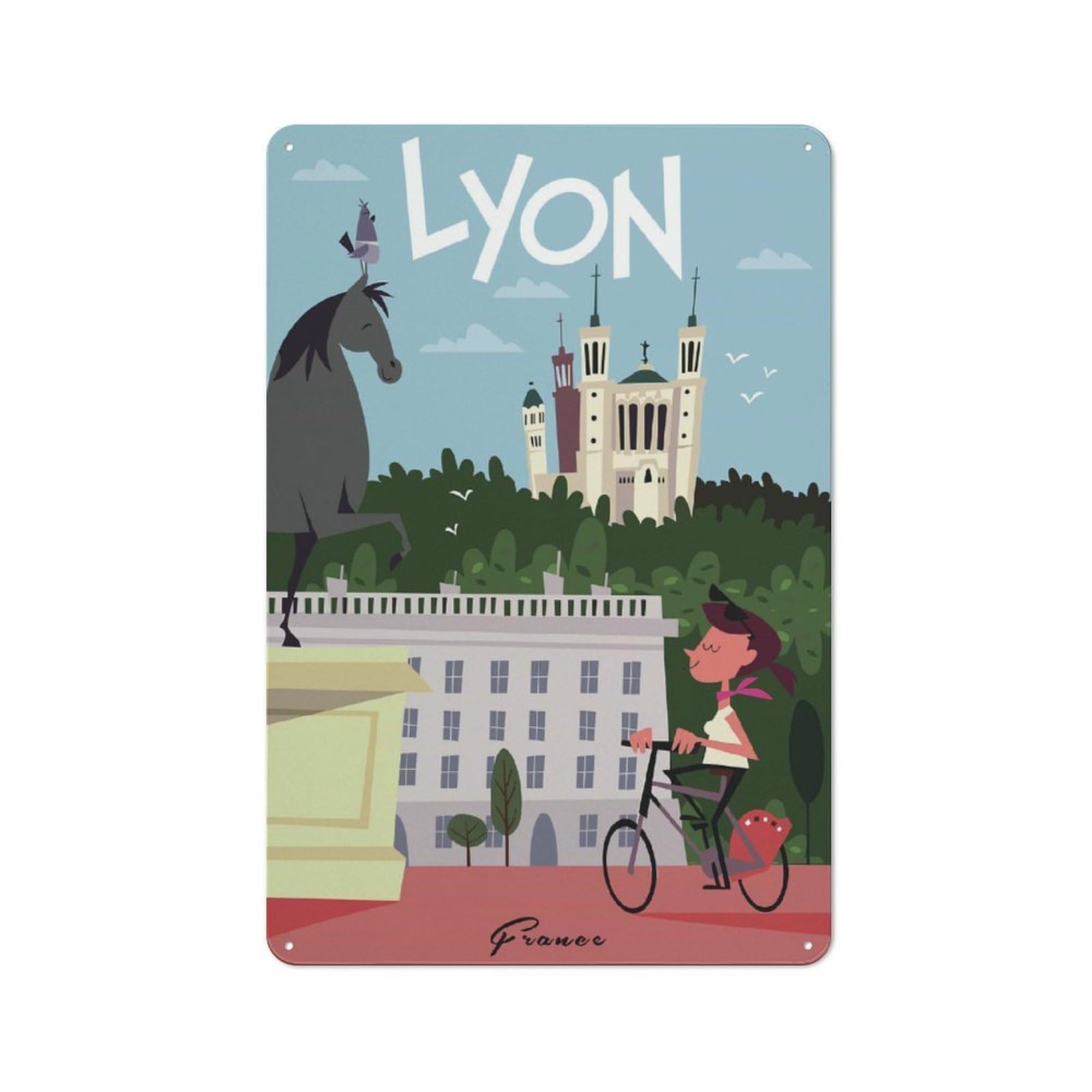Junmoney Style-23 Metal Wall Plaque With Lyon, France Travel Design 30X20cm, Simple Retro Studio Wall Plaque For Hobby Room, Office, Lounge Or Living Room