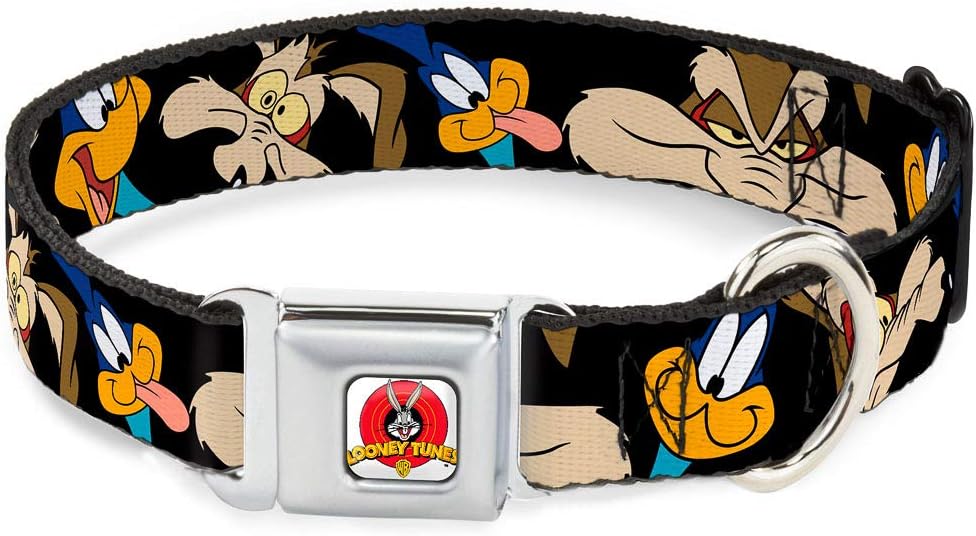 Buckle-Down Seatbelt Buckle Dog Collar - Road Runner/Wile E. Coyote Expressions CLOSE-UP Black - 1" Wide - Fits 11-17" Neck - Medium