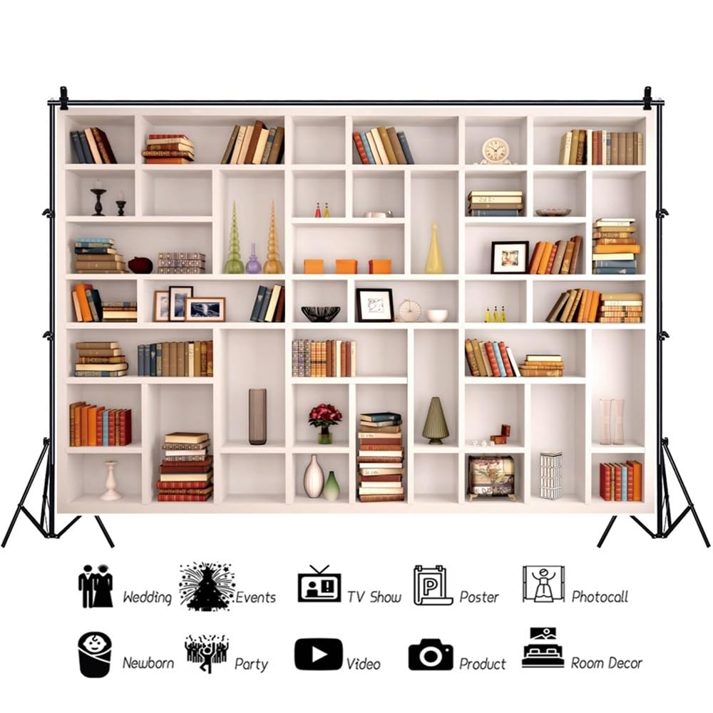 3,5x2,5m Estantería Moderna Telón de Fondo Simplicidad Moderno Blanco Librería Fotografía de Fondo Biblioteca Librería Libros Jarrón Oficina Videoconferencia Telón de Fondo