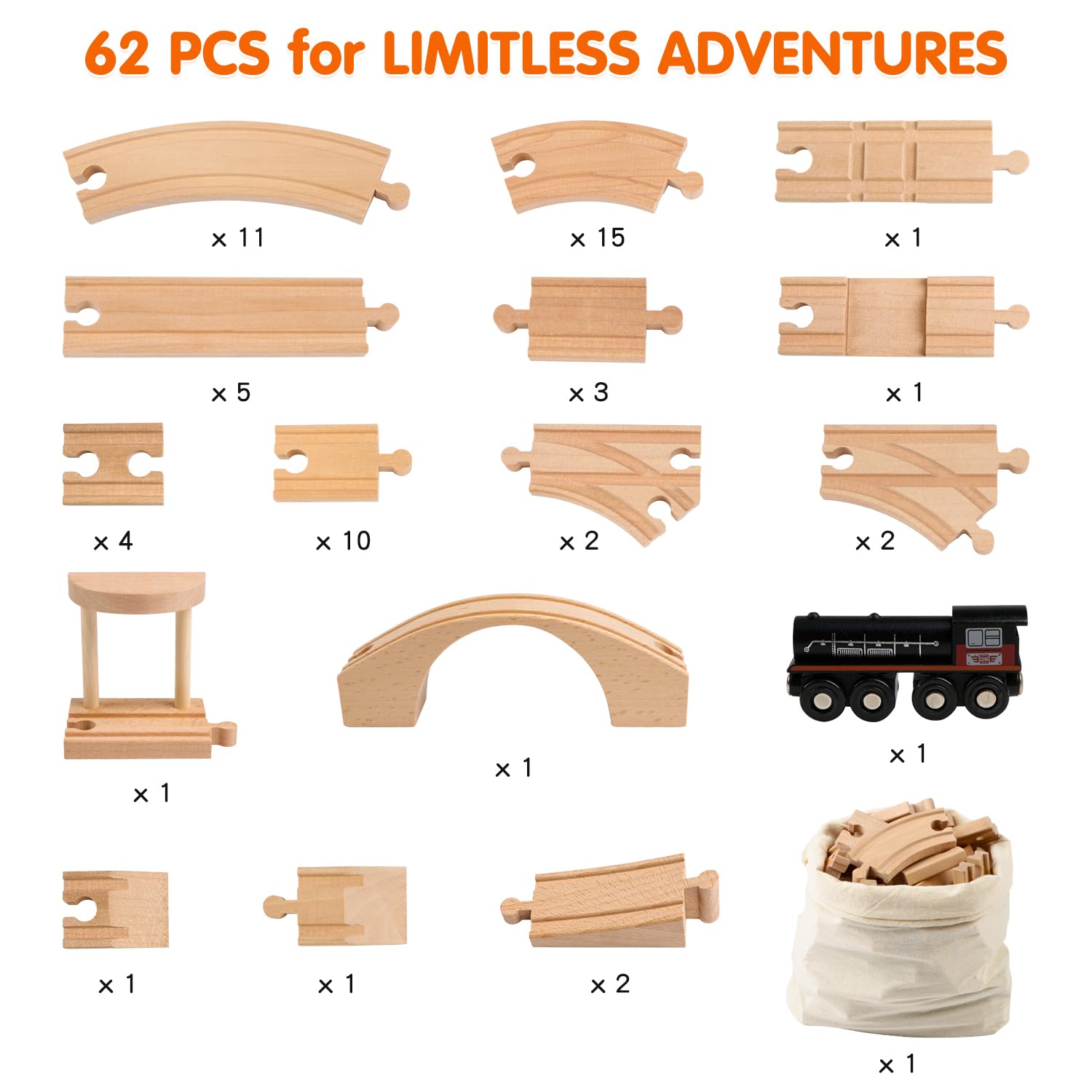Paquete de expansión de pista de tren de madera, accesorios ferroviarios, juguetes para niños y niñas