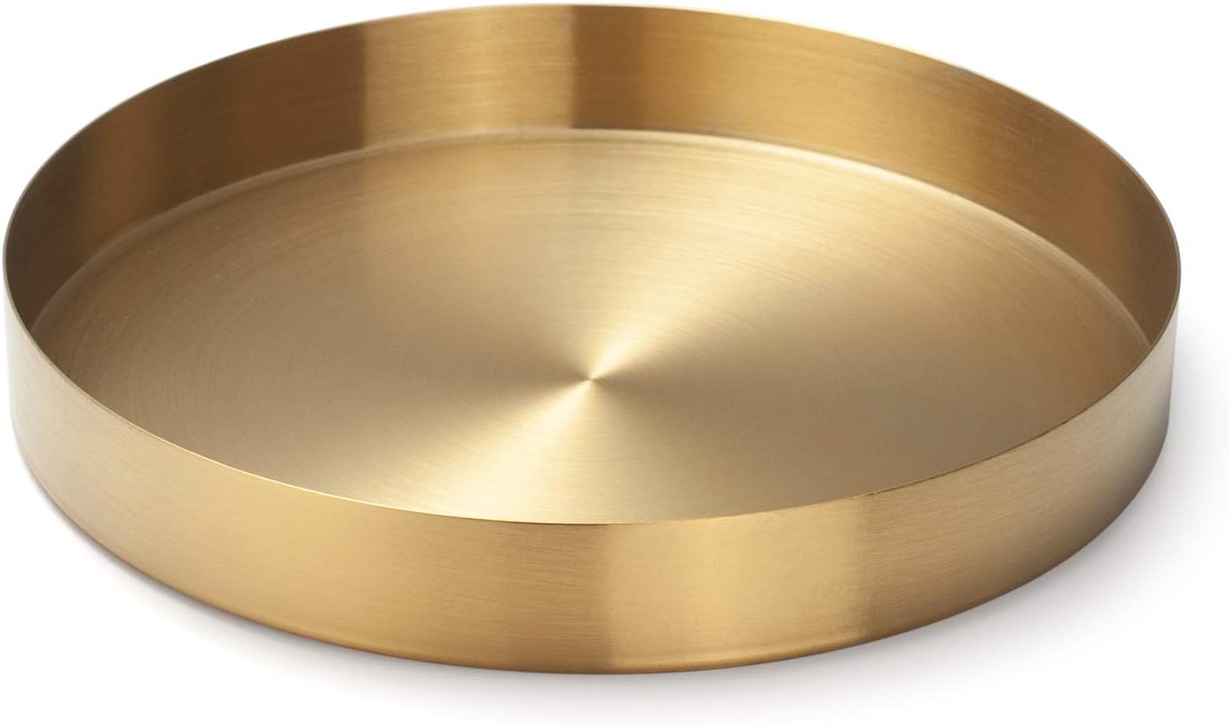 Gold Round Tray Metal Decorative Storage Organizer Tray for Jewelry, Makeup, Toiletries, Kitchen Tableware, 22cm
