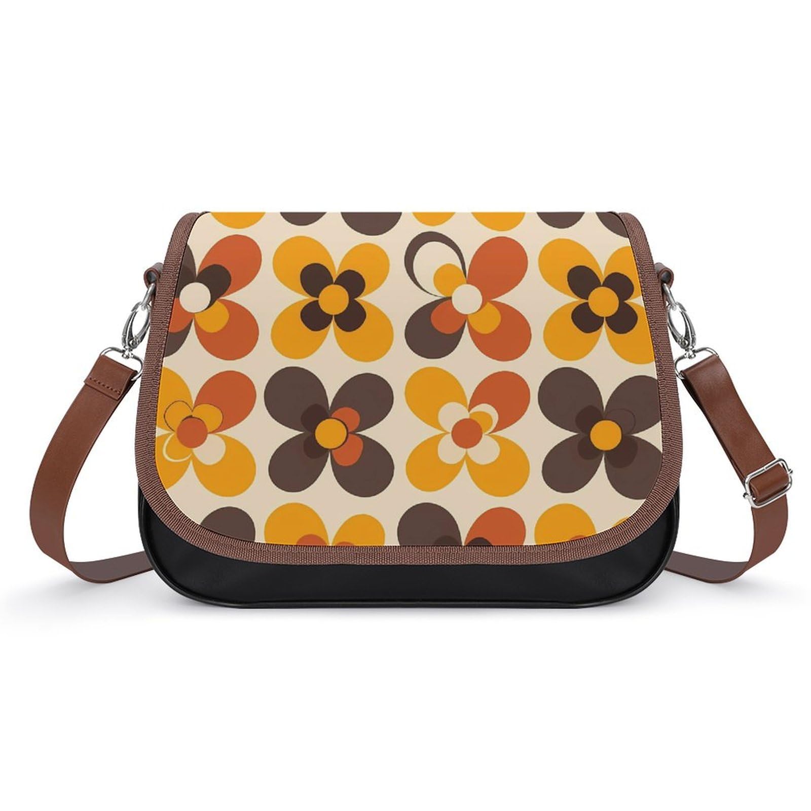 Seventies Geometric Vintage Pattern Flower Crossbody Bags for Women Trendy Shoulder Satchel Purses Messenger Bag